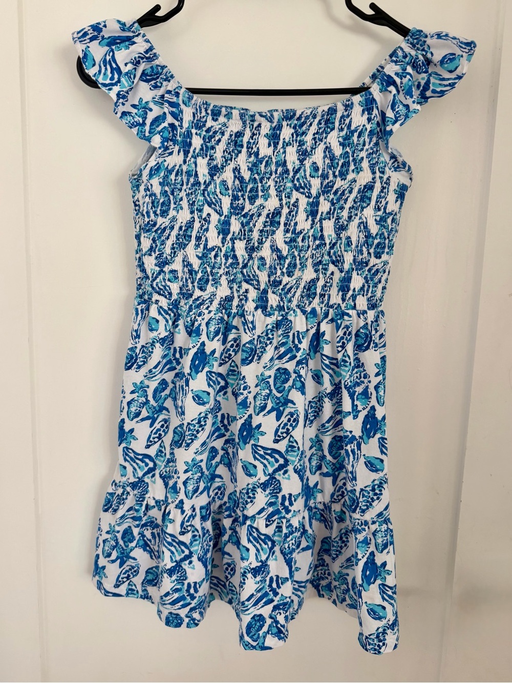 Lilly Pulitzer White and Blue Seashell Smocked Ruffle-Sleeve Dress Girls L